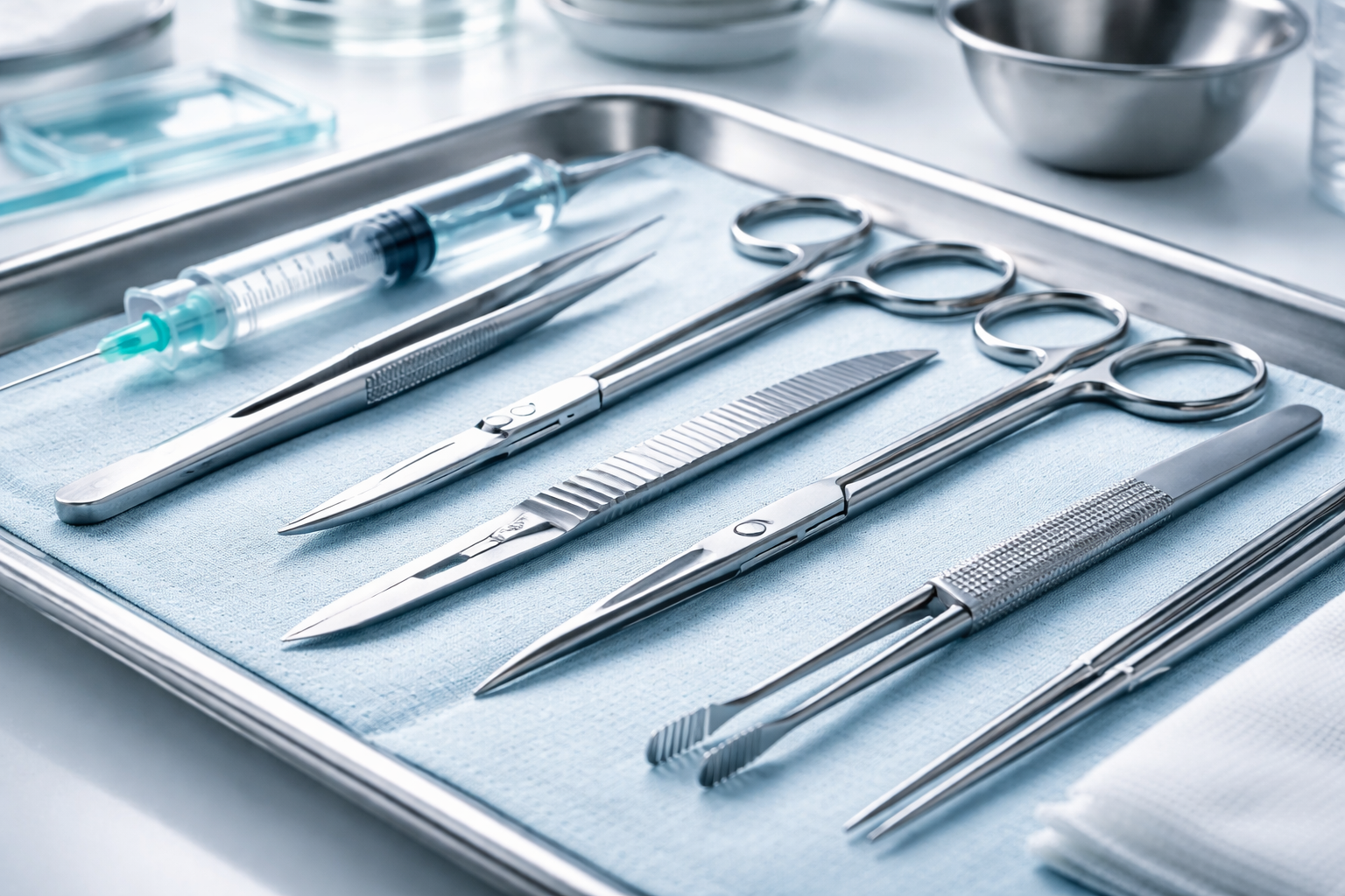 Macro photography of medical instruments on sterile tray, bright clinical lighting, 8k, photorealistic, no woman